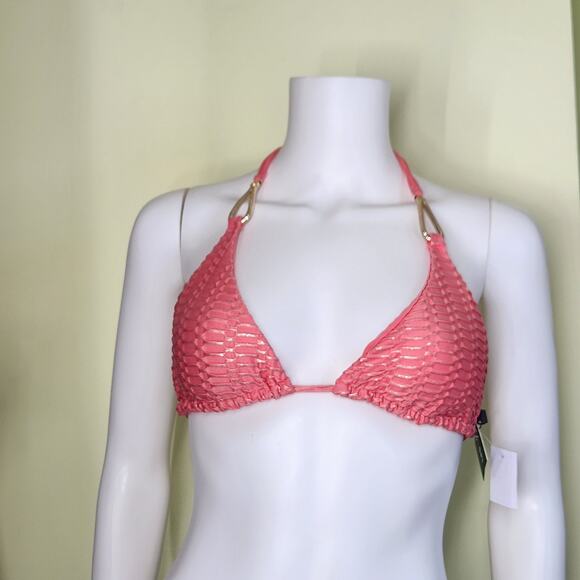 Despi Infinity Triangle Bikini Top M Shimmer Textured Halter Brazilian Peach - Picture 3 of 9
